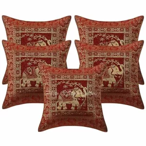 16" Ethnic Indian Brocade Set Of 5 Throw Pillowcases Elephant Cushion Covers - Picture 1 of 3