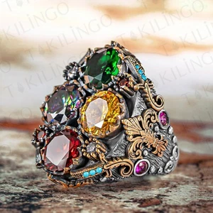 Anillo para hombre de plata de ley 925 con motivo de espada ovalada grande topacio mezclado piedra circonita - Imagen 1 de 5
