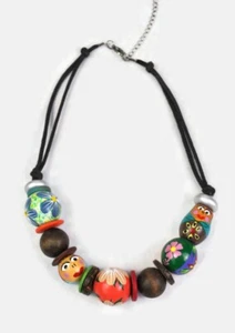 Handmade Retro Unique Painted Wooden Beads Quirky Chunky Necklace - Picture 1 of 10