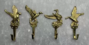 vintage Solid Brass 5” MALLARD DUCK Wall Mount HANGER SET/4 Coat Bag Hat hanger - Picture 1 of 14