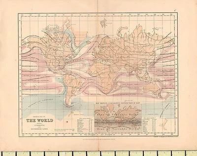 MAPA C1880 ~ EL MUNDO MOSTRANDO CORRIENTES Y LÍNEAS ISOTÉRMICAS ~ LLUVIAS Foto 1 de 2