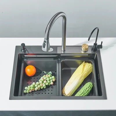 Lavello cucina a cascata in acciaio inox con rubinetto estraibile combinato - Immagine 1 di 4