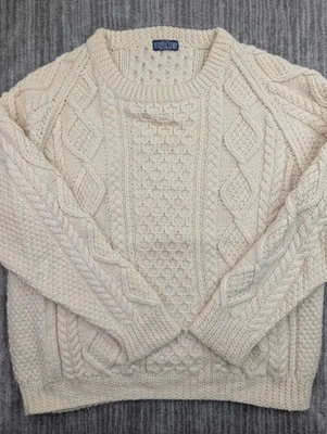 VTG Lands End Cable Knit 100% Wool Fisherman Sweater Men's Large Made in Ireland - Image 1 of 4