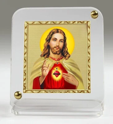 Chapado en Oro Lámina de Jesús Acrílico Base Coche Salpicadero Ídolo Oración Cuentas Hogar Oficina Foto 1 de 4