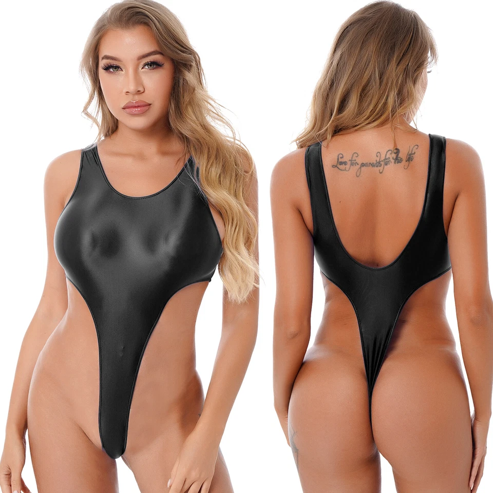 Damen Glänzend Bikini Thong High Cut String Body Badeanzug Schwimmanzug Monokini - Bild 1 von 1