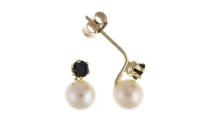 Sapphire and Pearl Earrings Yellow Gold Freshwater Cultured Studs Natural Stones - Picture 1 of 4