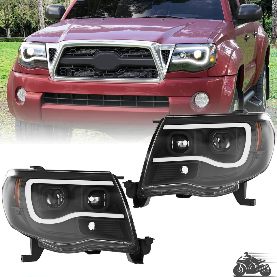 For Toyota Tacoma 2005-2011 Pair LED Tube Black Projector Headlights Headlamps - Image 1 of 4