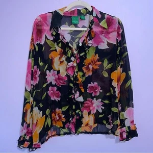 Everyday Clothing Co Silk Blouse Womens Size S Sheer Button Ruffle Dark Floral - Picture 1 of 8