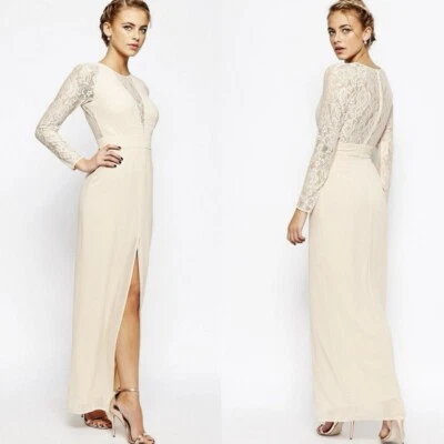 ASOS Elise Ryan Womens 12 Dress Maxi Slit Cream Floral Lace Lined Formal Elegant - Image 1 of 4