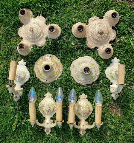 Antique Art Deco Nouveau Metal Ceiling Light Fixture Flush Mount & Sconce Set Cover