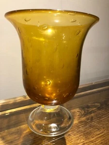 LARGE VINTAGE HAND BLOWN AMBER BUBBLE GLASS PEDESTAL VASE - Bild 1 von 5