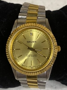 Gruen Watch Men 35mm Gold Silver Two Tone Stretch Band New Battery - Picture 1 of 5