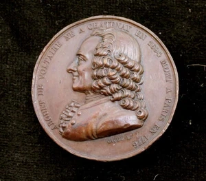 Nice High Relief 1820 France Voltaire Copper Medal by Caque 36.5mm - Picture 1 of 2