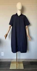 Cos Pleated Short-Sleeved Dress Size 12 Navy Blue Button Up Pockets - Picture 1 of 16