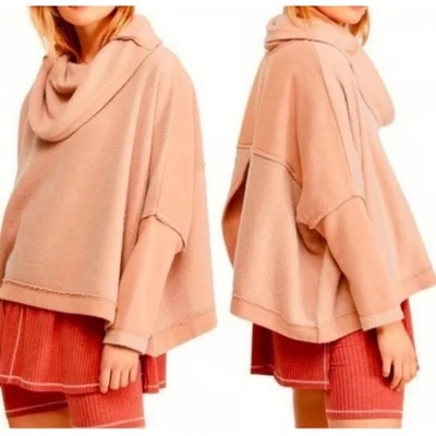 Free People Huntington Oversized Cowl Neck Pullover Sweatshirt Orange Peach Sz S - Image 1 of 4