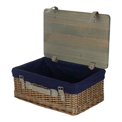 46cm Antique Wash Navy Lined Willow Empty Picnic Basket with Pinewood Lid - Image 1 of 4