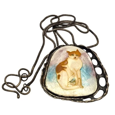 Collar colgante artístico vintage años 70 plata esterlina esmalte gato  Foto 1 de 4