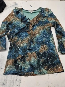 Dressbarn glitzernde blau-grüne Langarmbluse Damen Größe M - Bild 1 von 3