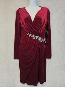 Rotes Samt Festtagskleid Damen Medium (L) Faux Wickel Strass Party Neu mit Etikett - LESEN - Bild 1 von 15