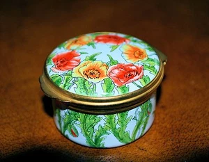 Vintage TKS Birmingham Enamels England Red/Orange Flowers Enamel Trinket Box - Picture 1 of 7