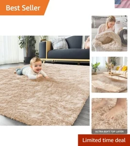 Family-Friendly 5x7 Plush Shaggy Area Rug - Beige Indoor Comfort for Playrooms - Picture 1 of 10