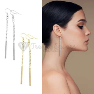 Hypoallergenic Stainless Steel Silver Gold Long Chain Bar Drop Dangle Earrings - Picture 1 of 32