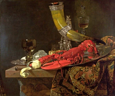 STILL LIFE DRINKING HORN ST SEBASTIEN ARCHERS GUILD LOBSTER BY WILLEM KALF REPRO - Image 1 of 3