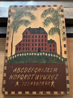 Wood Wall Plaque Primitive Style House Trees Alphabet & Numbers - Image 1 of 4