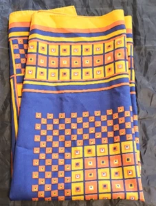 Gold Blue Vintage Scarf- Geometric Pattern- Square Block Woman's Accessory d1- - Picture 1 of 4