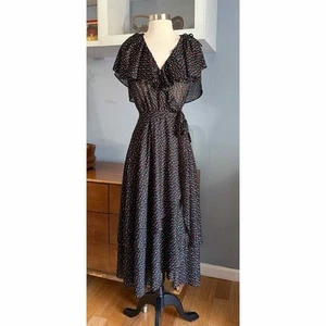 Vtg 70s Wrap Polka Dot Ruffle Dress Disco Retro Cottagecore Boho Semi Sheer XS/S - Picture 1 of 7