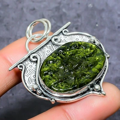 Ювелирный кулон из серебра 925 пробы с молдавитом кварцем 1,77 дюйма Y588 - Изображение 1 из 3
