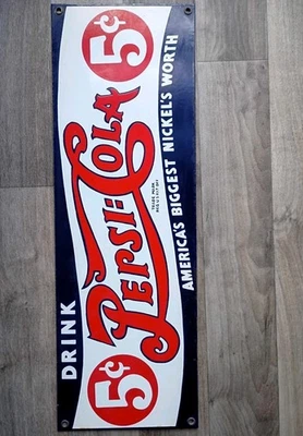 Pepsi Cola Sign 5¢ Porcelain Enamel Heavy Metal Reproduction Ande Rooney 18"x6" - Image 1 of 4