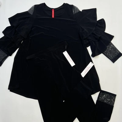 Conjunto Top Pantalones IC by Connie K Mujer Pequeño Negro Manga Volantes Malla Detalles EE. UU. Foto 1 de 4