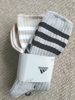 2 Pairs ADIDAS Comfort CREW SOCKS Grey / Camel 3Stripe M or L IB3272 adi9 - Image 1 of 4