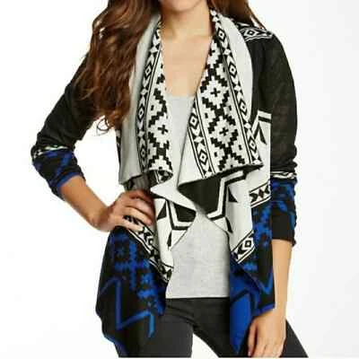 Cárdigan Flying Tomato Negro Blanco Azul Real Estampado Azteca Suroeste Frente Abierto Foto 1 de 4