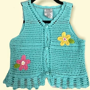 Vintage Knit Crochet Baby 3T Blue Sleeveless 3 Button Front Sweater Vest Flowers - Picture 1 of 11