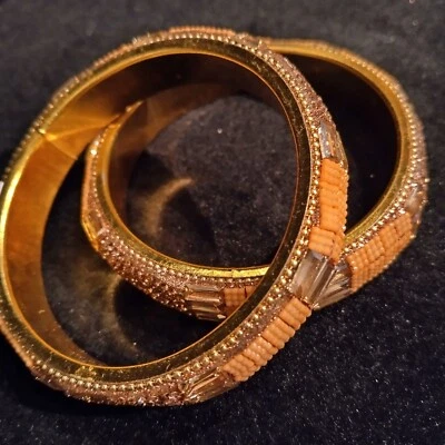 2 Pulseras Brazalete Vintage Cobre/Coral Redondas Baguette Cristal y Cuentas Oro BR025 Foto 1 de 4