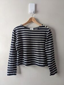 Laura Ashley Navy and White Striped Long Sleeve Cotton Top Medium Nautical