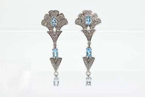 14k Blue TOPAZ and Diamond Dangle earrings. Blue Topaz Princess Earrings. - Picture 1 of 4