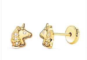 Earrings Gold 18k 750 Mls. Closing Rosca. 4 Circonitas. Unicorn 7, 5x6 MM - Picture 1 of 3