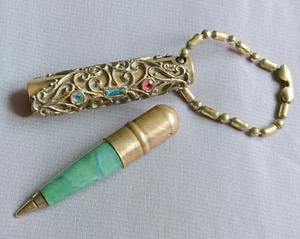 Vintage Miniature Ballpoint Pen Ornate Filigree Jewelled Brass Case + Keychain - Picture 1 of 11