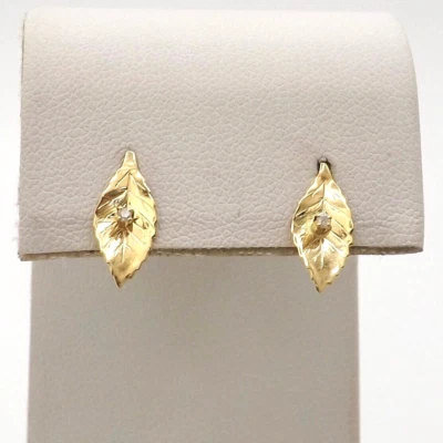 14k Yellow Gold Natural Diamond Leaf Stud Earrings Butterfly Closure 1/2in - Image 1 of 4