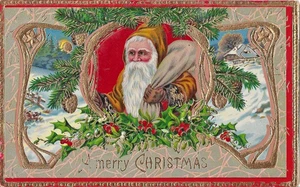 Cartolina d'epoca (1907-15) Babbo Natale che porta regali inverno innevato dorata #4 - Foto 1 di 2