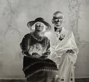 Antik Glasplatte Negativ 1920 benannt edles Paar Valentinstag Motiv - Bild 1 von 12
