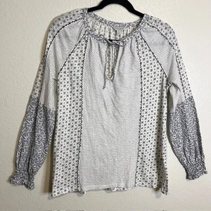 Lucky Brand Small Peasant Top Boho Smocked Cuffs Tie Neck Floral Print Cottage - Picture 1 of 9