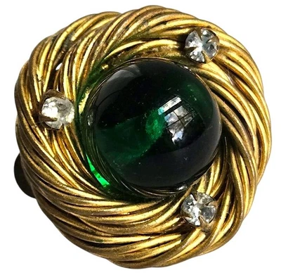 Pendiente nido dorado Chanel vintage años 50-60 cabujón gansos de vidrio verde raro Foto 1 de 4