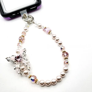 Glass Pearl Crystal Beaded Phone Chain – Silver Plated and Crystal Butterfly - Picture 1 of 5