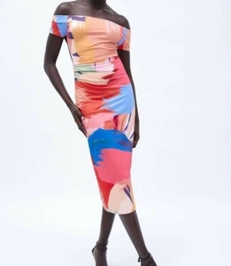 Zara Womens Size S Abstract Print Off The Shoulder Midi Dress NWT - Picture 1 of 16