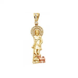14K massiver Gelbgold CZ Heiliger Lazarus Anhänger - San Lazaro Halskette Charm - Bild 1 von 3