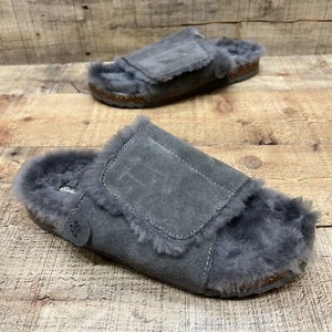 Eddie Bauer Womens Gray Suede Faux Fur Strap Slide Slippers Size 10 GREAT! - Picture 1 of 7